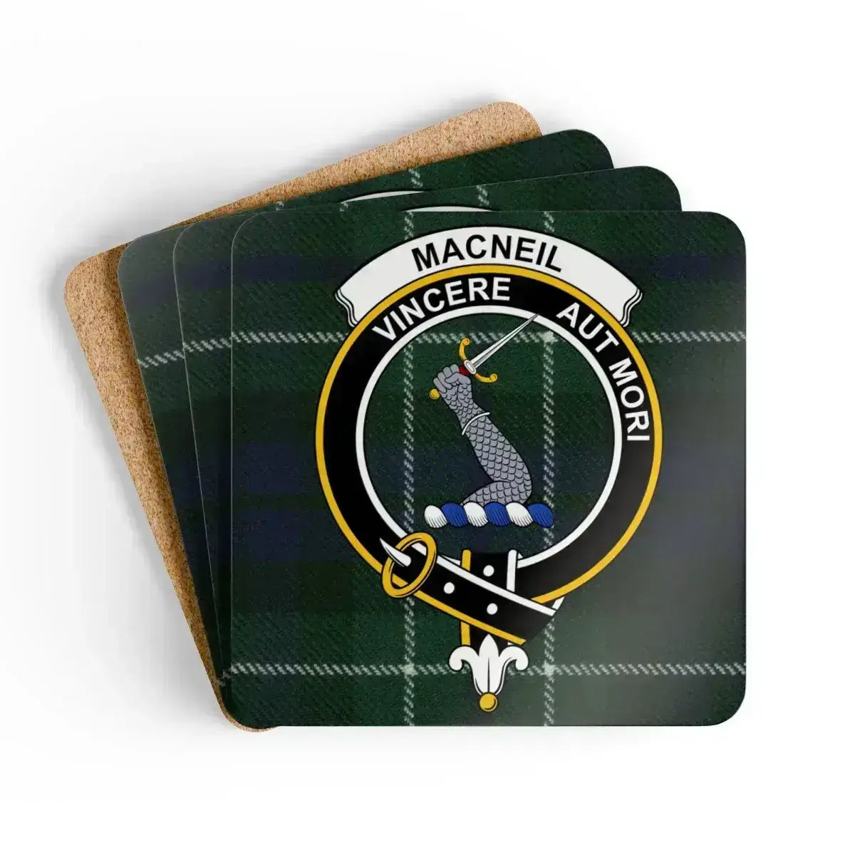 Clan MacNeil tartan crest cork coaster set — four 3.75-inch square glossy coasters