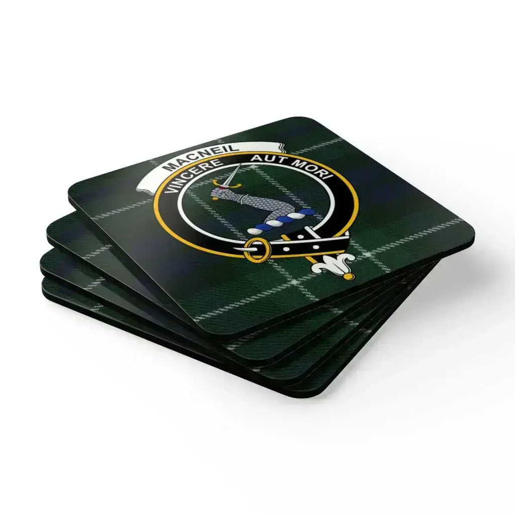 MacNeil clan crest coaster set displayed flat — full set of four showing tartan pattern
