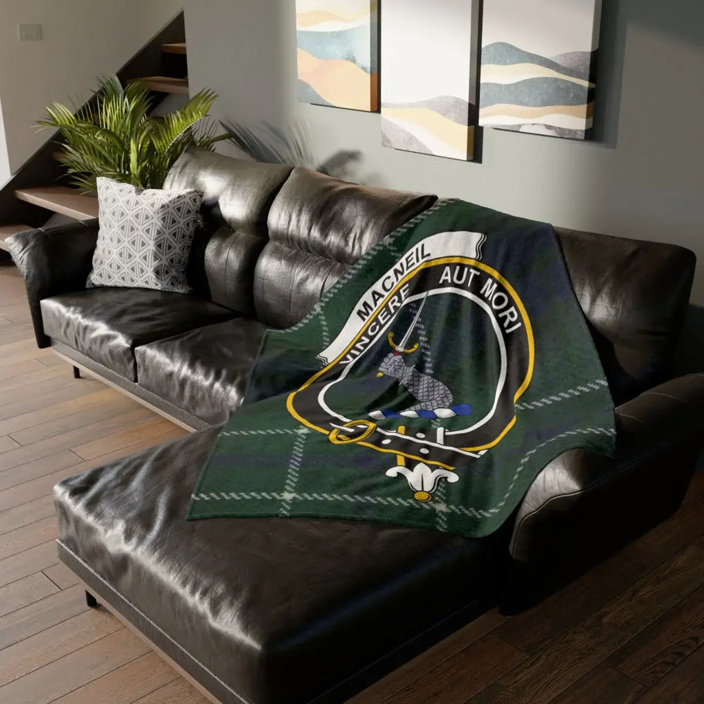 Clan MacNeil crest tartan printed throw blanket — clan colours on sofa, 50x60 inch polyester