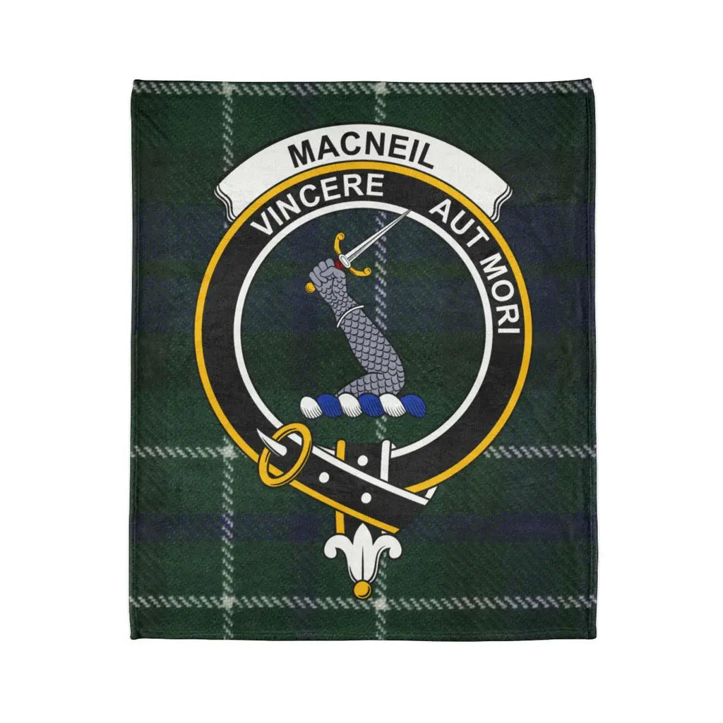 MacNeil Vincere Aut Mori crest and tartan detail on printed polyester throw blanket