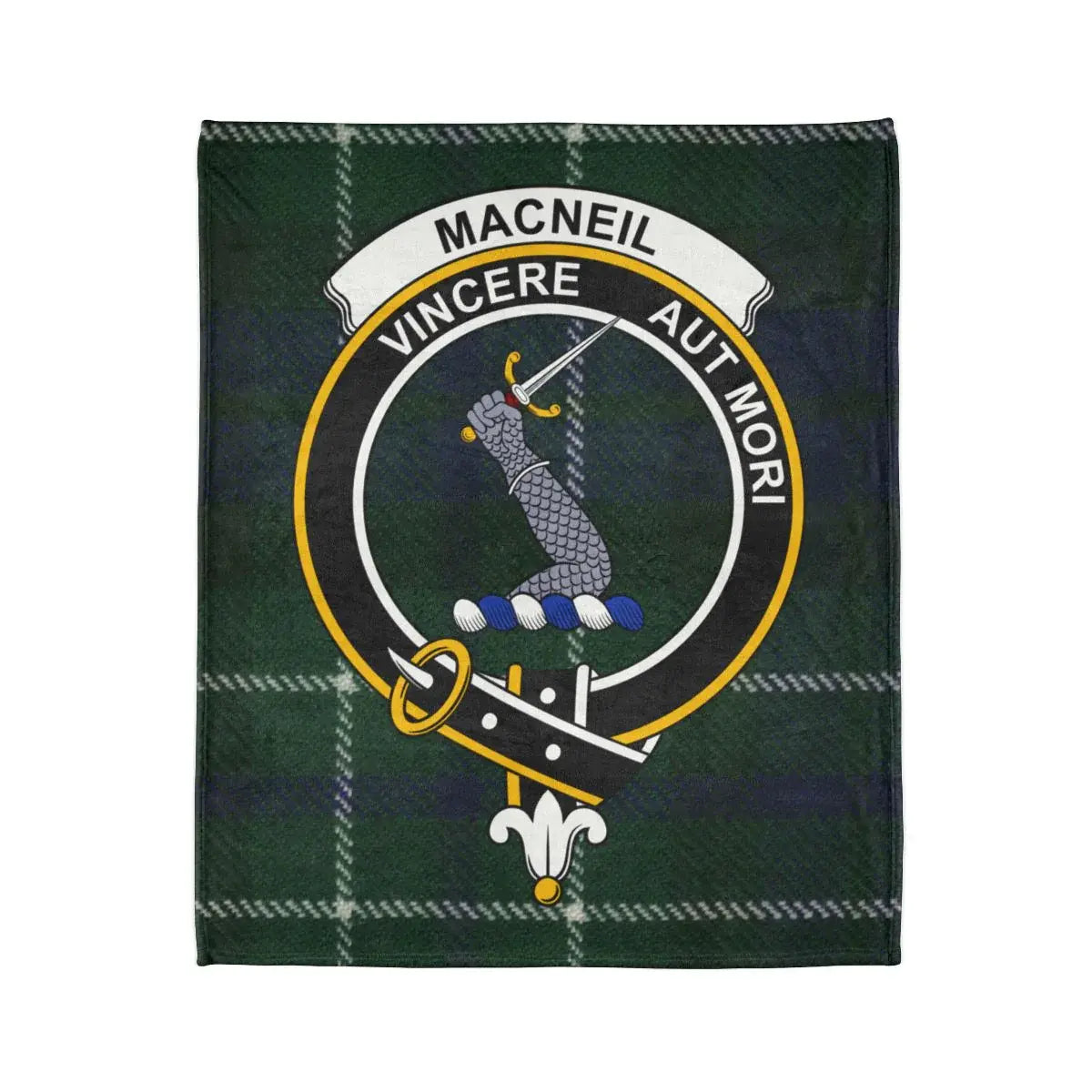 MacNeil Vincere Aut Mori crest and tartan detail on printed polyester throw blanket