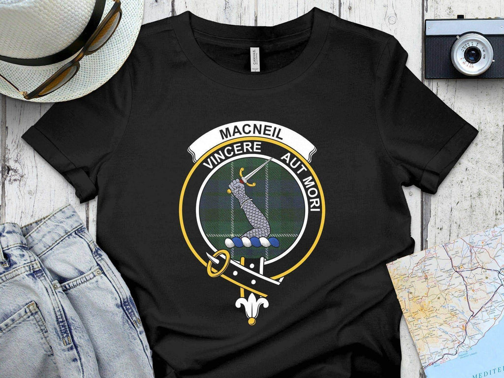 Clan MacNeil crest tartan t-shirt in navy — printed Scottish clan crest on cotton short sleeve tee