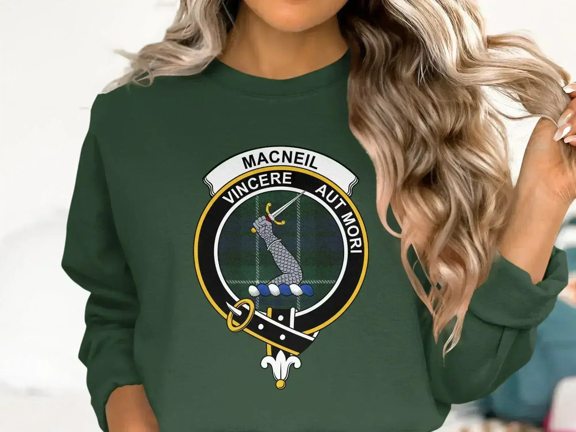 MacNeil clan crest sweatshirt in navy — fleece crewneck with Scottish tartan crest print