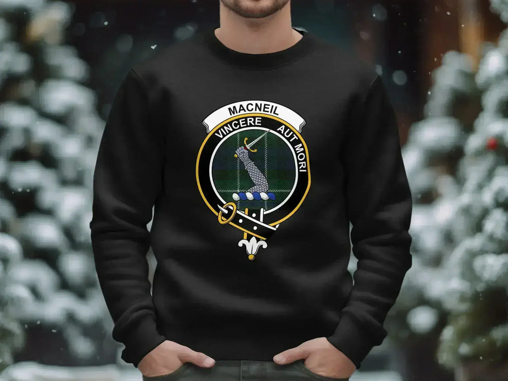 Clan MacNeil crewneck sweatshirt in black — clan crest and tartan on fleece pullover