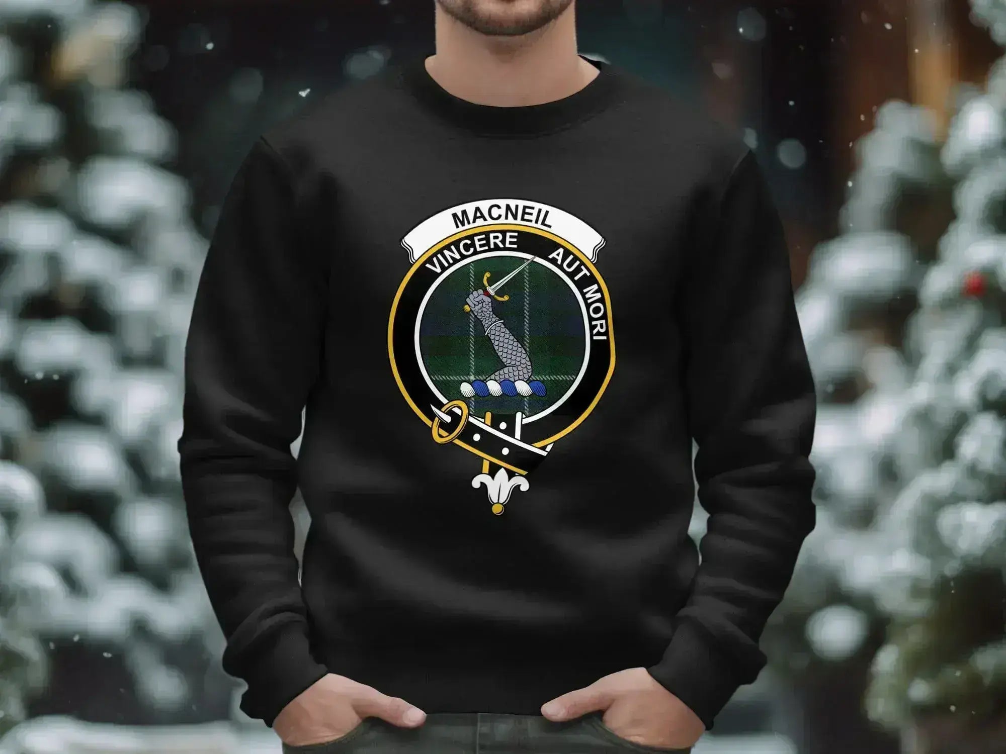 Clan MacNeil crewneck sweatshirt in black — clan crest and tartan on fleece pullover