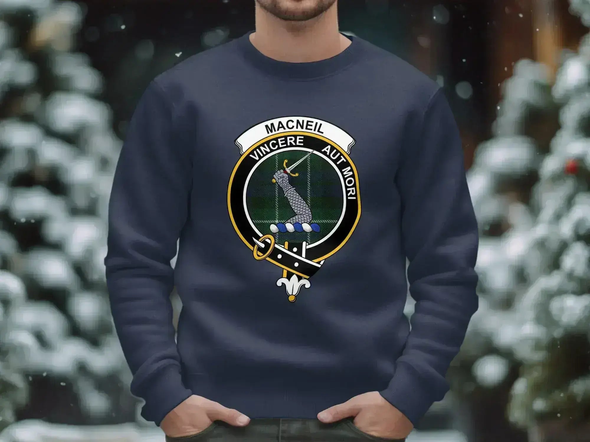 Clan MacNeil crest sweatshirt in forest green — printed crest on fleece crewneck pullover
