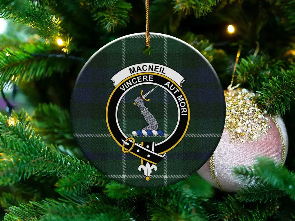 Clan MacNeil tartan crest ceramic Christmas ornament — 3-inch round with gold hanging string