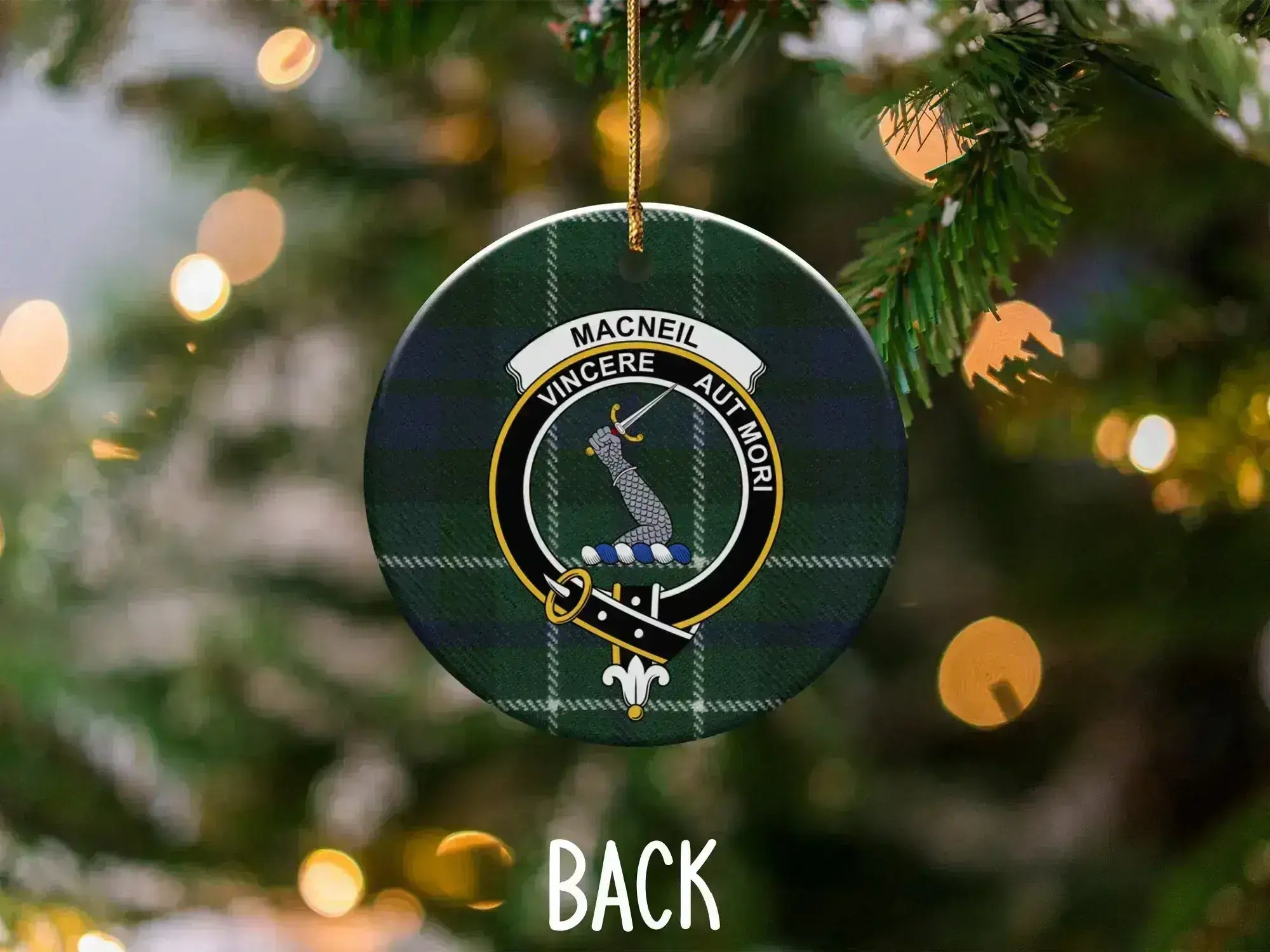 MacNeil clan crest ornament showing Vincere Aut Mori motto — double-sided UV printed ceramic