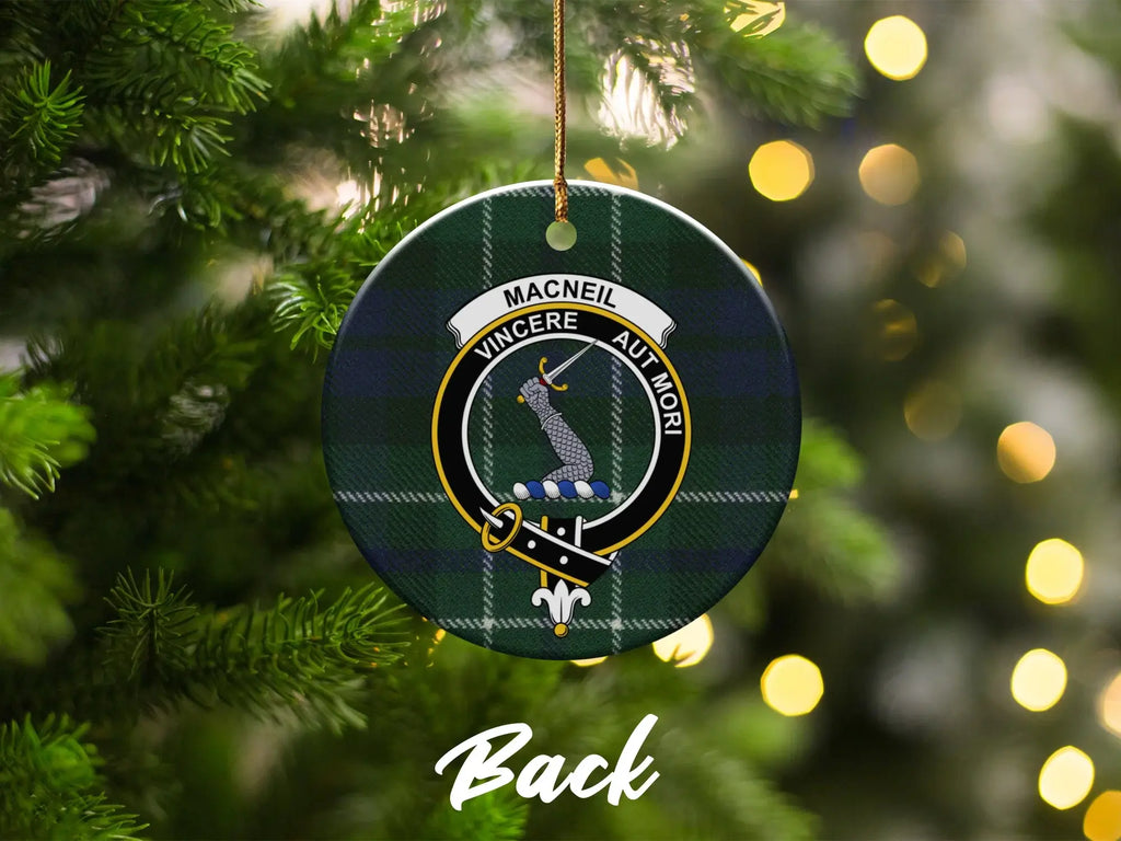 MacNeil family crest ceramic ornament on Christmas tree — Scottish clan tartan design