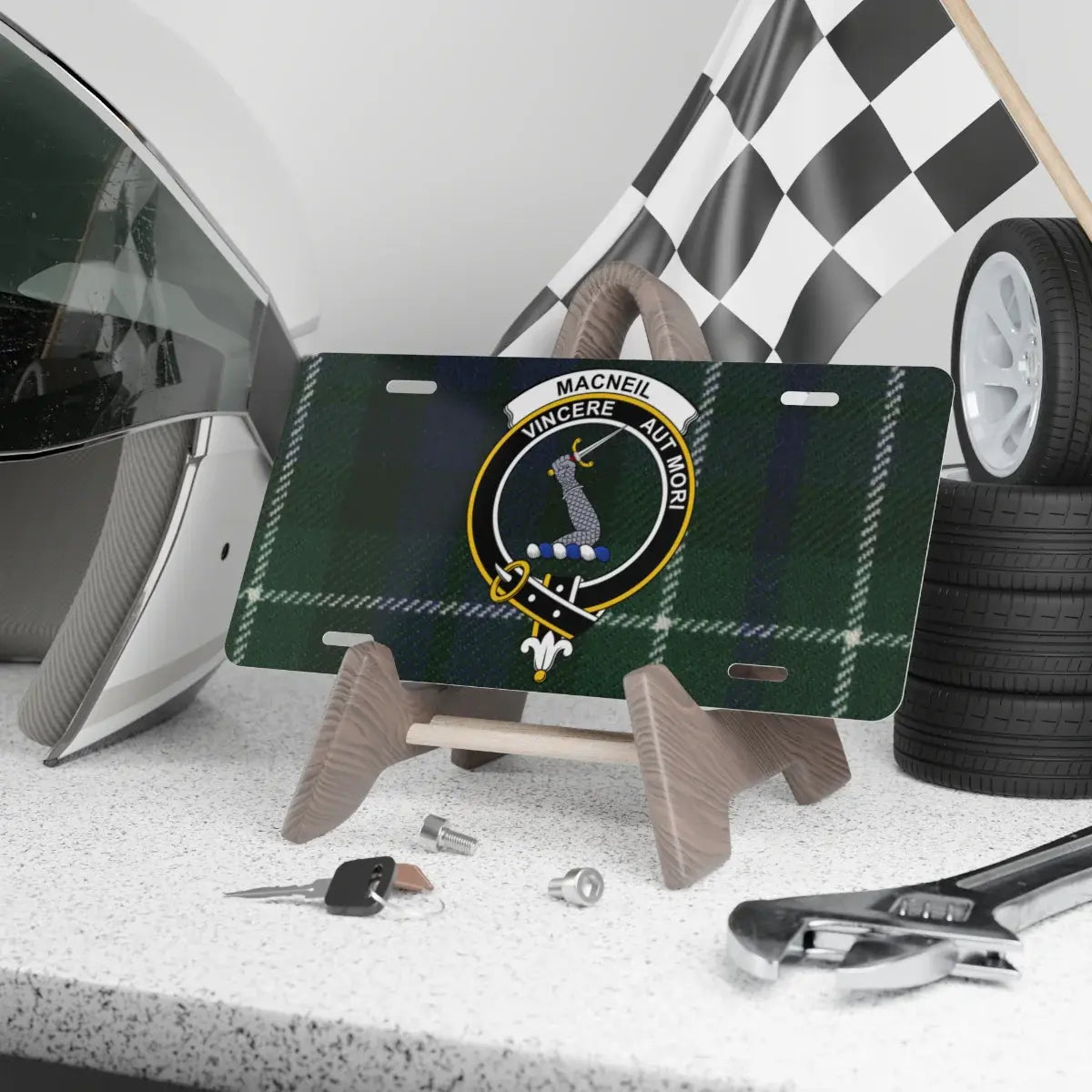 Clan MacNeil crest tartan novelty license plate — 12x6 inch aluminium with printed clan design