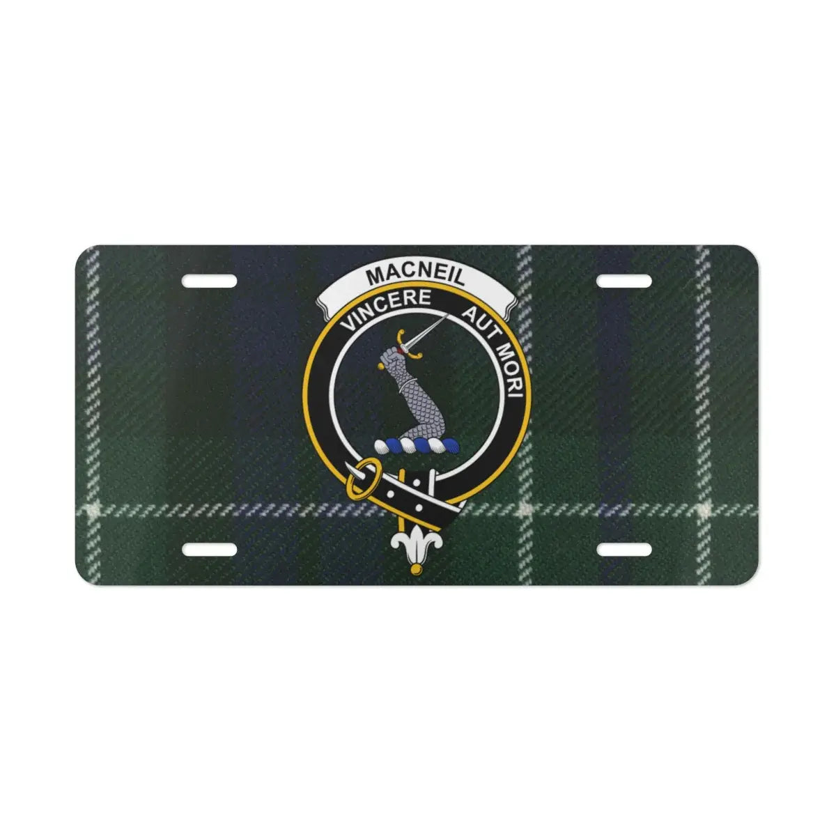 MacNeil clan crest and tartan license plate front view — pre-drilled aluminium novelty plate