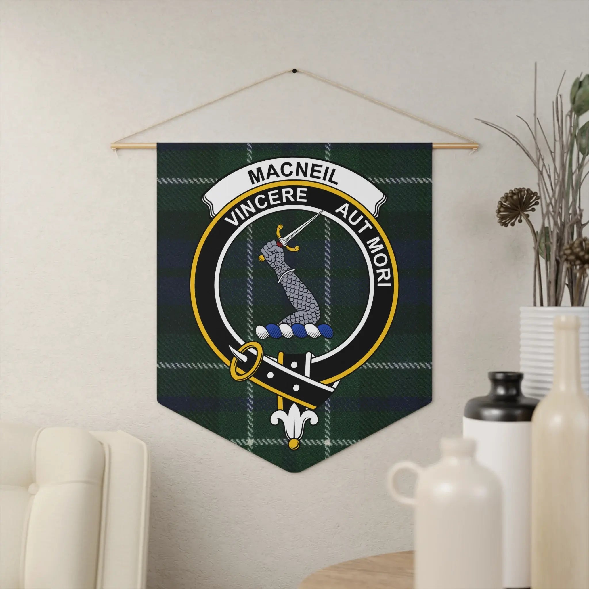 Clan MacNeil crest tartan pennant hung on wall — 18x21 inch polyester twill with wooden dowel