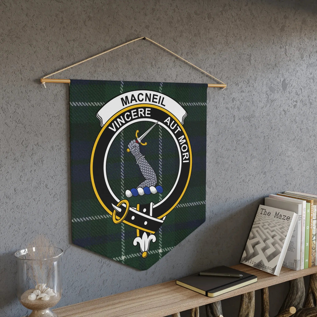 MacNeil clan tartan pennant showing Vincere Aut Mori crest — laser-cut edge and clan colours