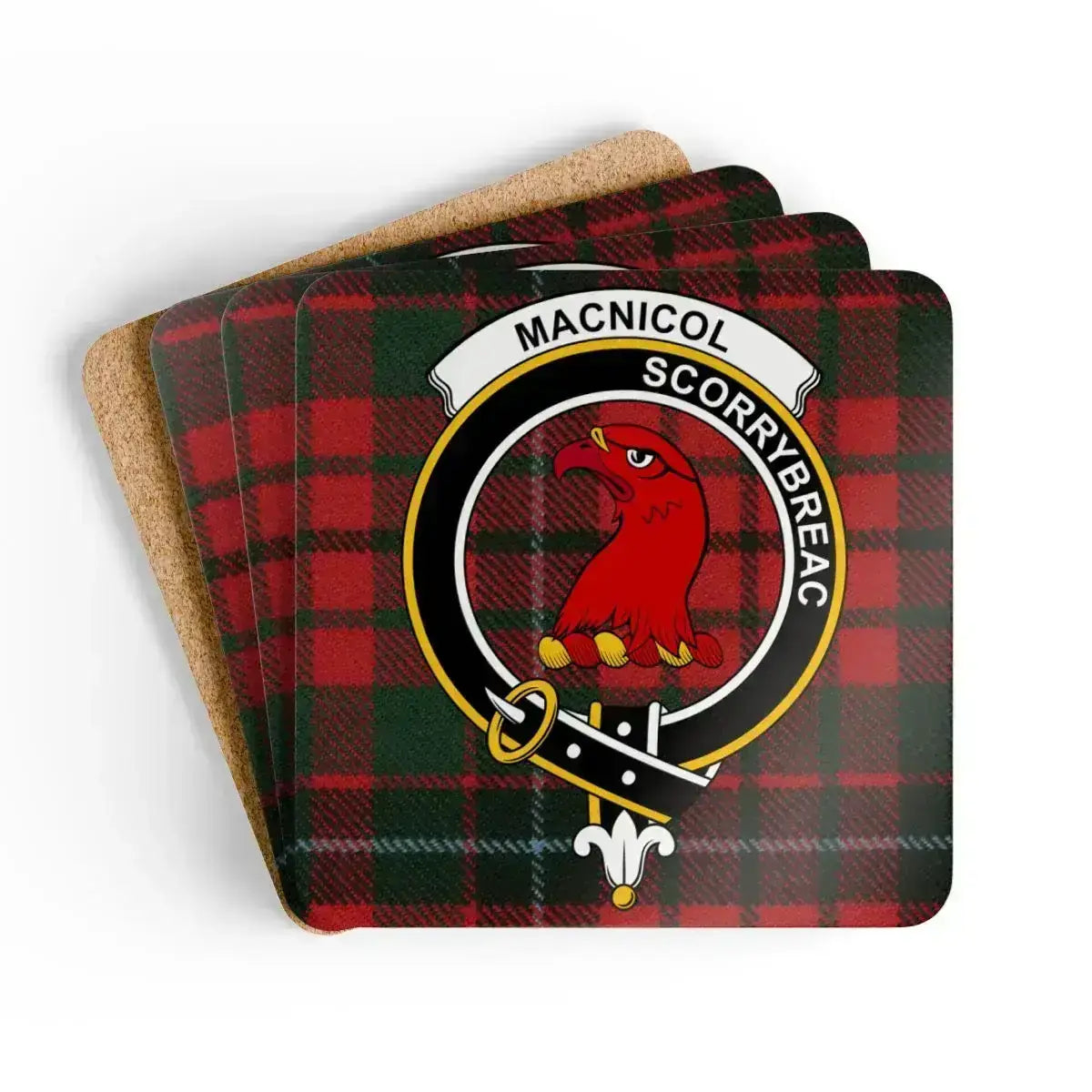 Clan MacNicol tartan coaster set — ceramic square coaster with red and black clan crest print