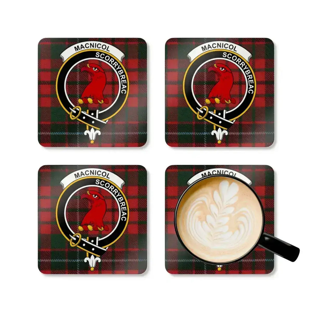 MacNicol Scorrybreac clan crest coaster — close-up of red tartan plaid and bird crest detail
