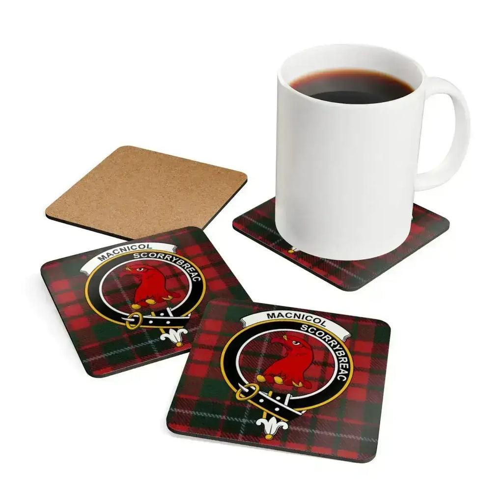 MacNicol clan coaster set — full set of four with Scottish tartan pattern on gloss finish
