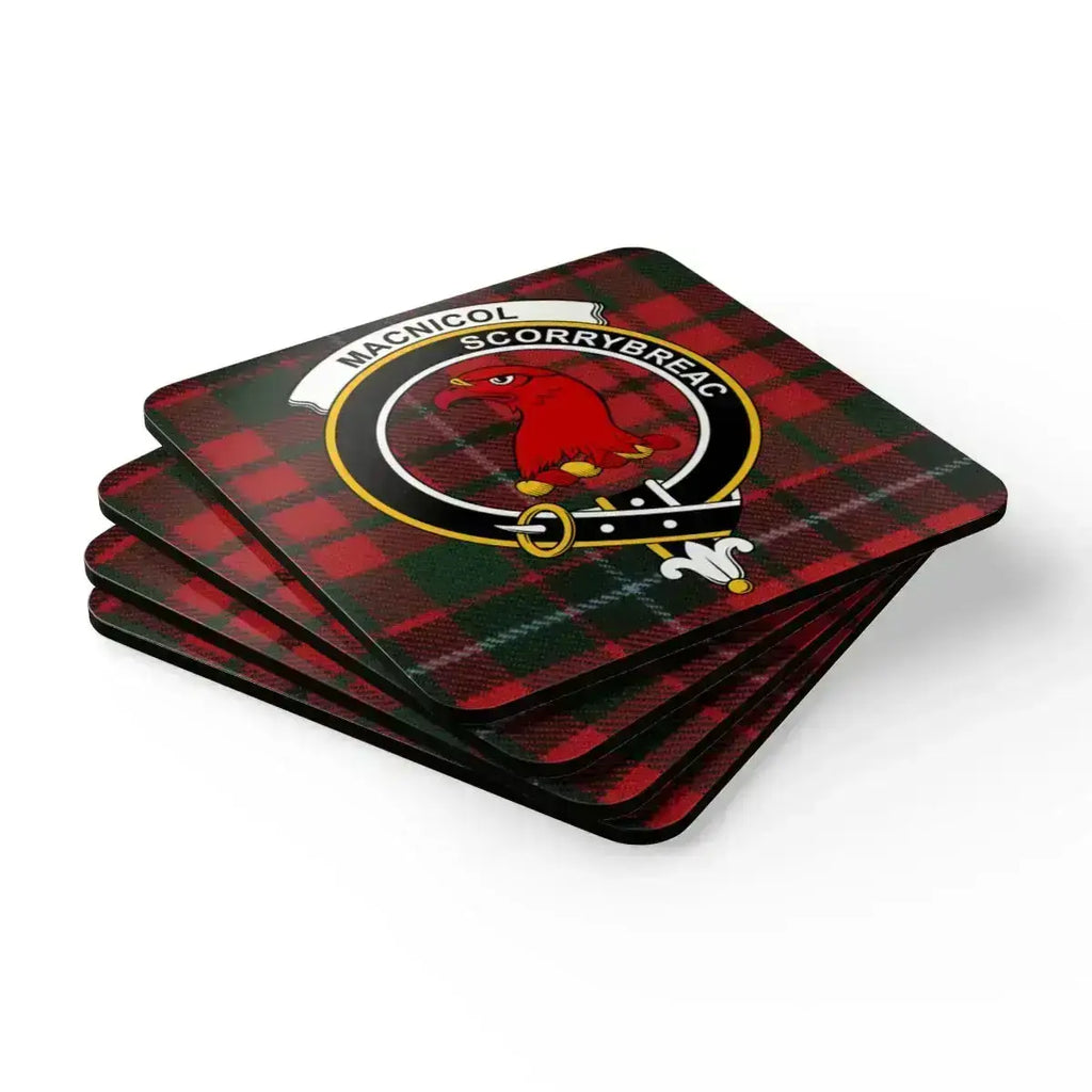Clan MacNicol Scorrybreac tartan coaster set — square cork-backed coasters in MacNicol colours