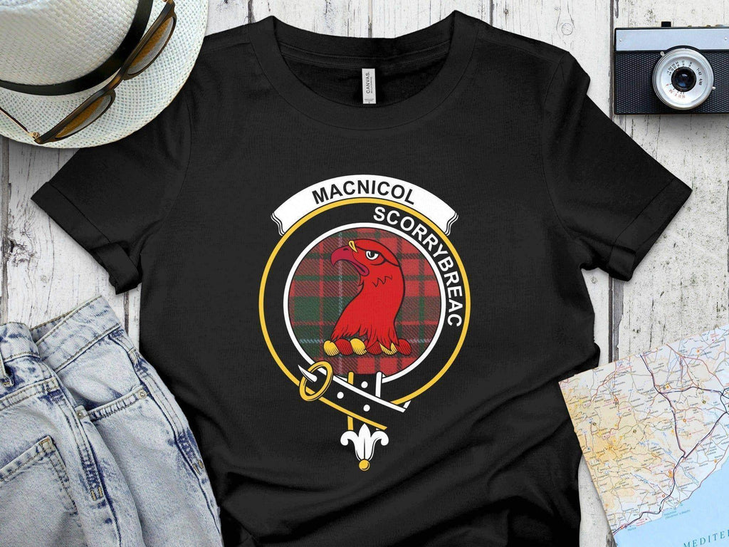 Clan MacNicol tartan crest t-shirt — navy short sleeve with Scorrybreac clan print