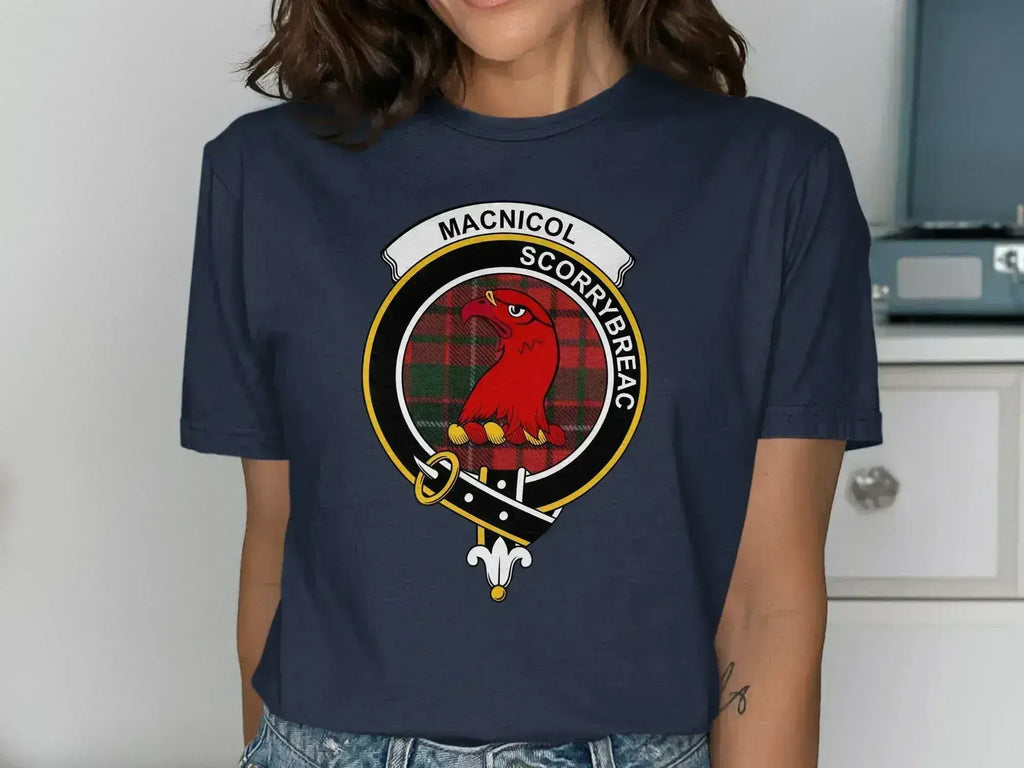MacNicol clan crest t-shirt — royal blue cotton tee with tartan and crest design