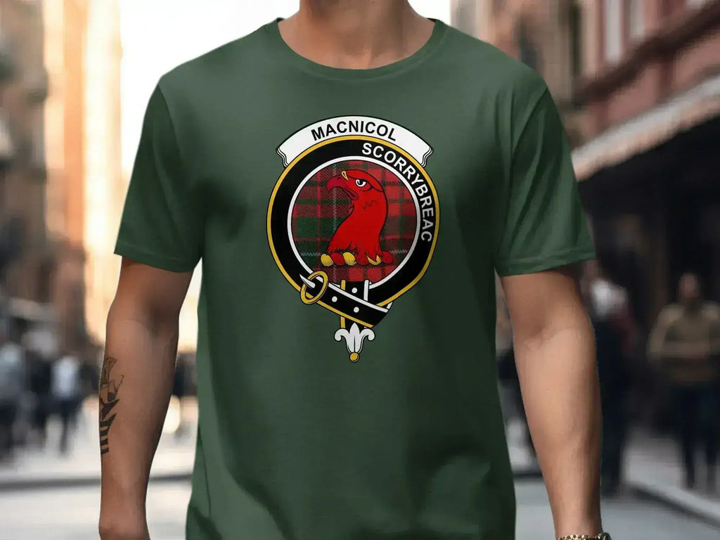 Clan MacNicol Scorrybreac t-shirt — forest green with printed clan crest on chest