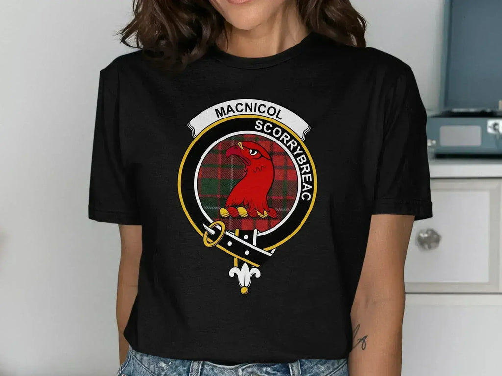 MacNicol crest t-shirt in black — tartan and clan emblem print on front