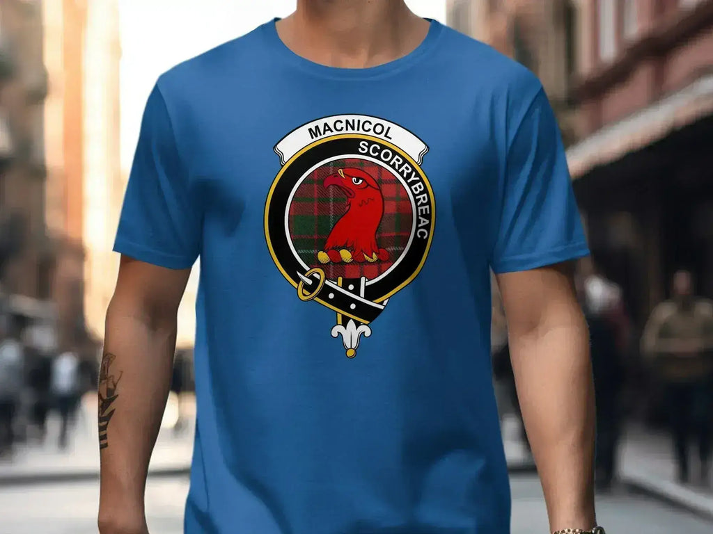 Clan MacNicol graphic t-shirt — Scorrybreac clan emblem on cotton tee, multiple colours