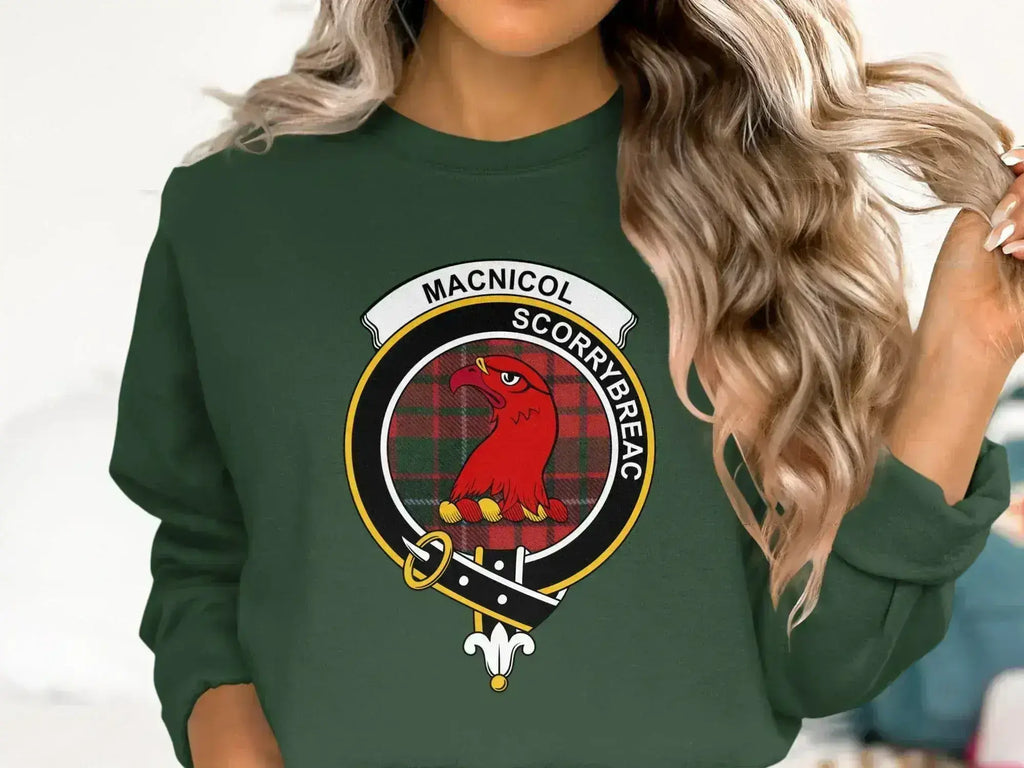 MacNicol Scorrybreac clan crest sweatshirt — forest green crewneck with tartan print