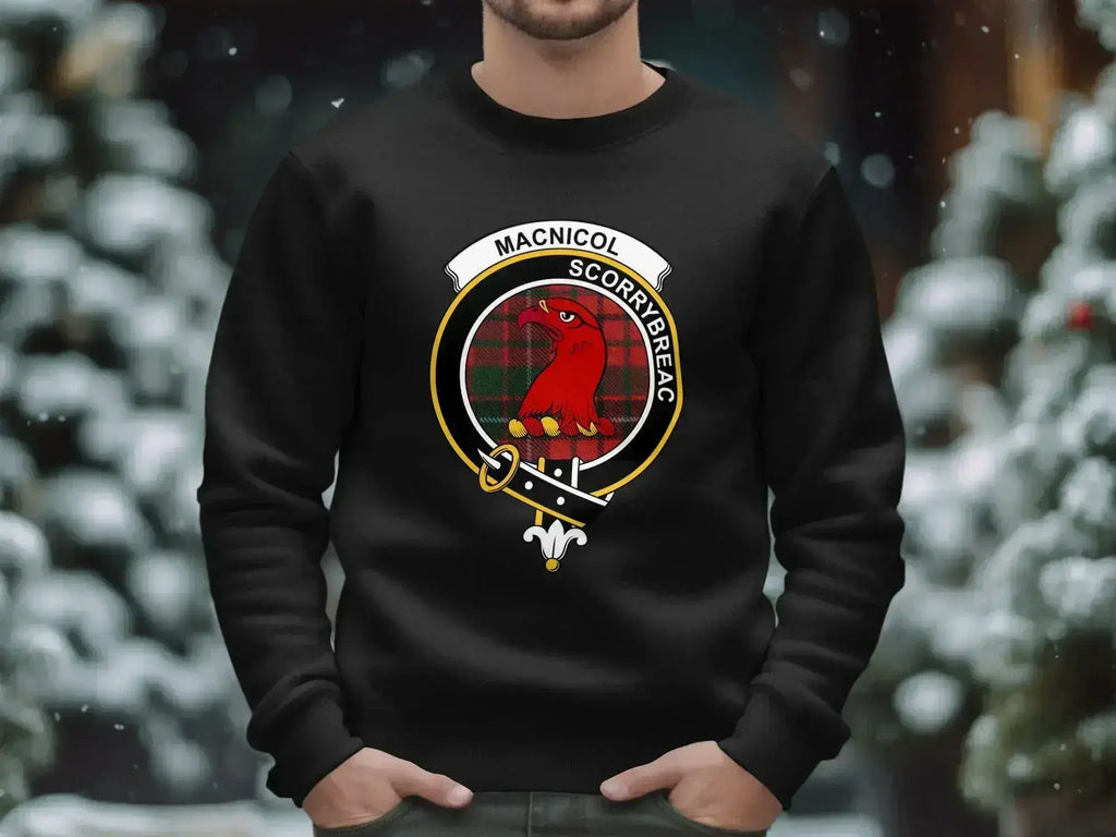 Clan MacNicol tartan sweatshirt — navy fleece crewneck with clan emblem print