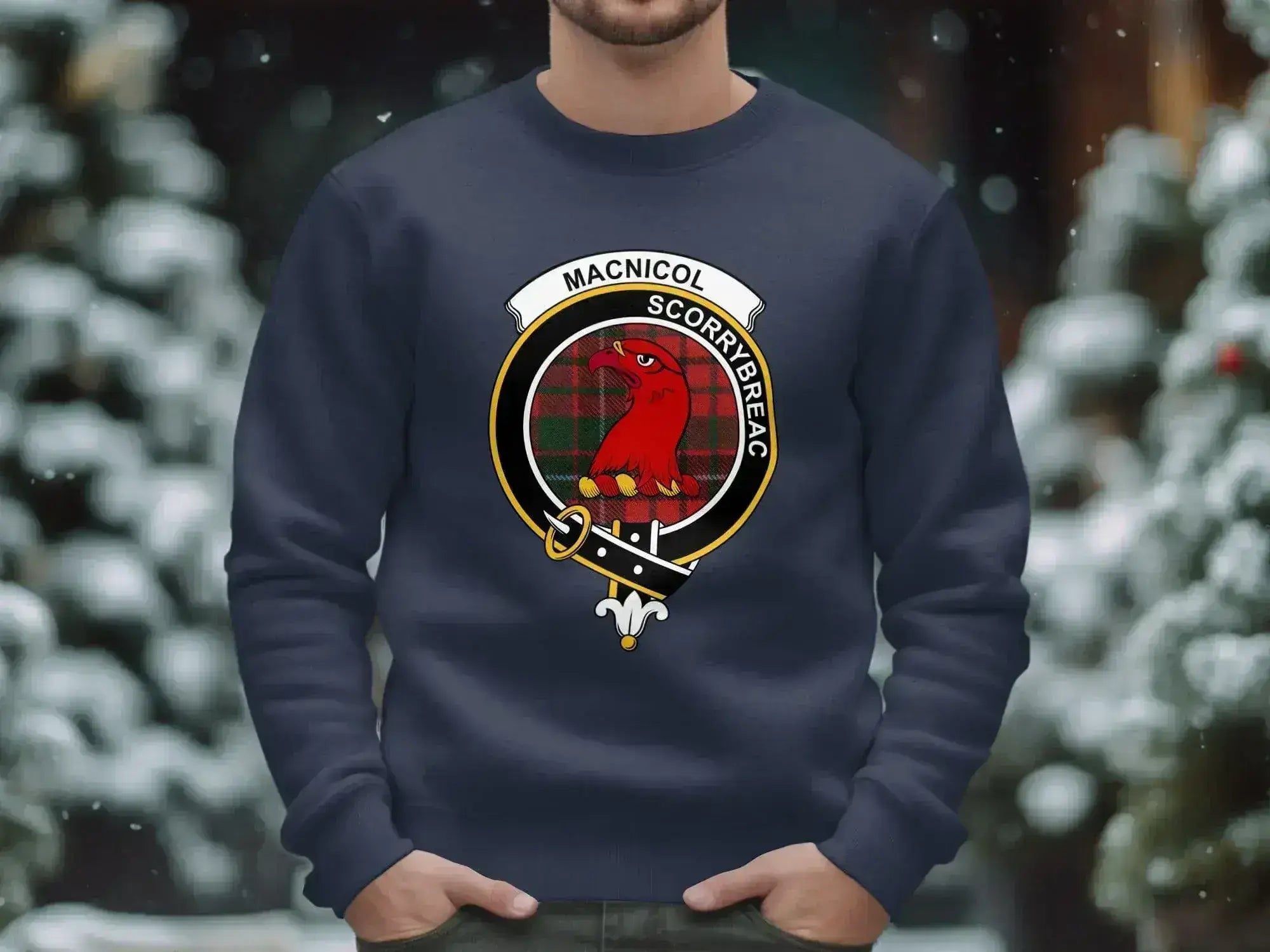 Clan MacNicol sweatshirt — royal blue fleece with Scottish clan crest and tartan print