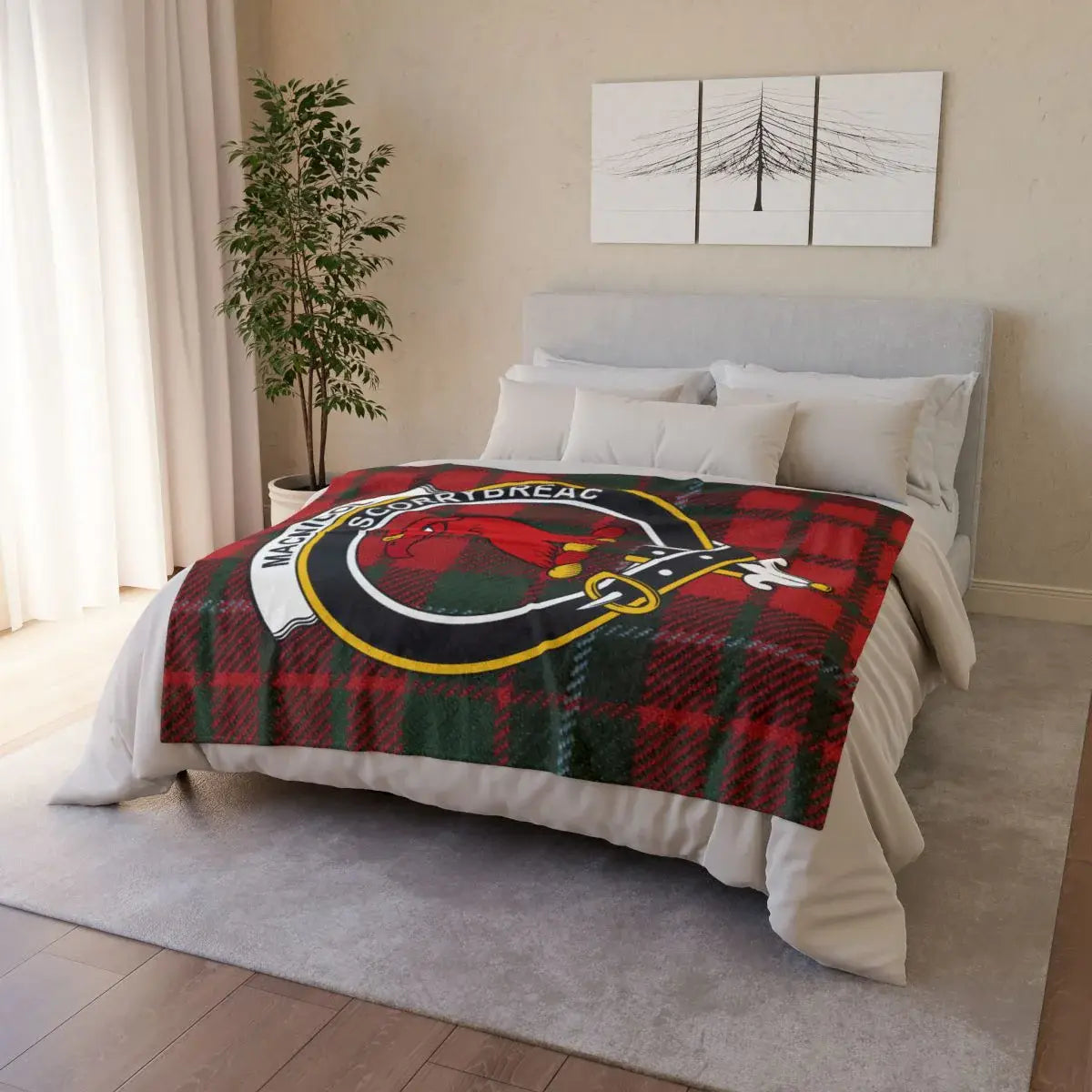 MacNicol Scorrybreac clan crest throw — MacNicol tartan in red, black and green on soft blanket