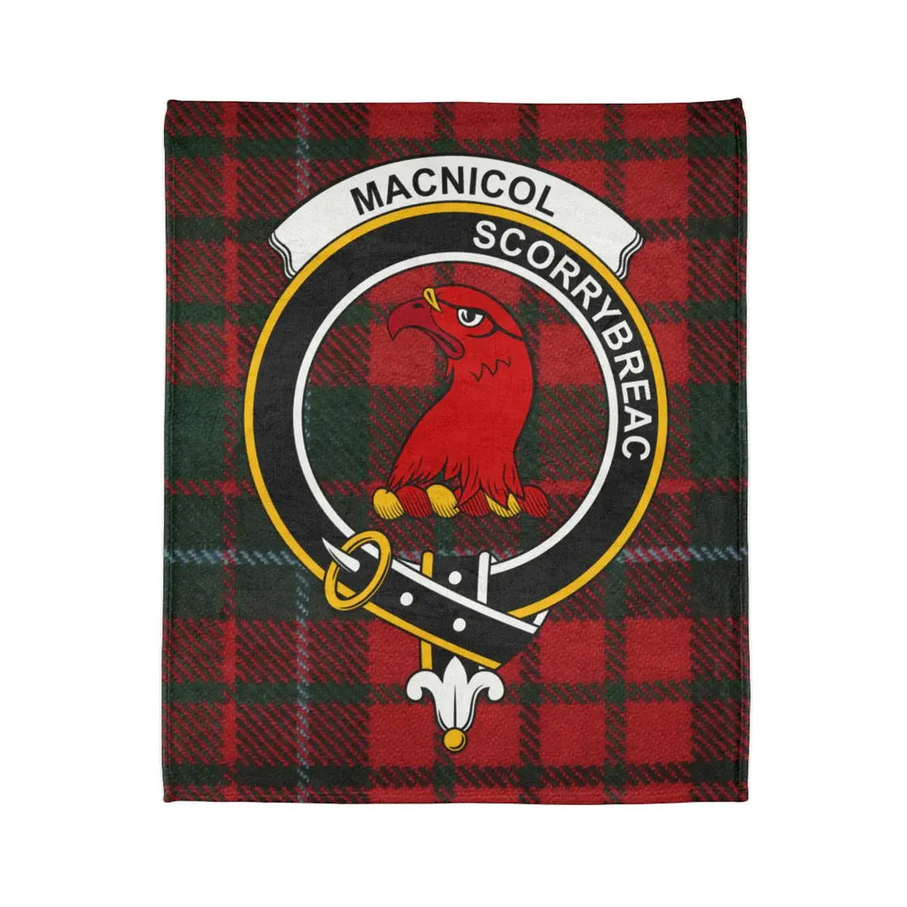 Clan MacNicol Scorrybreac crest tartan blanket — close-up showing full-colour print and hemmed edge