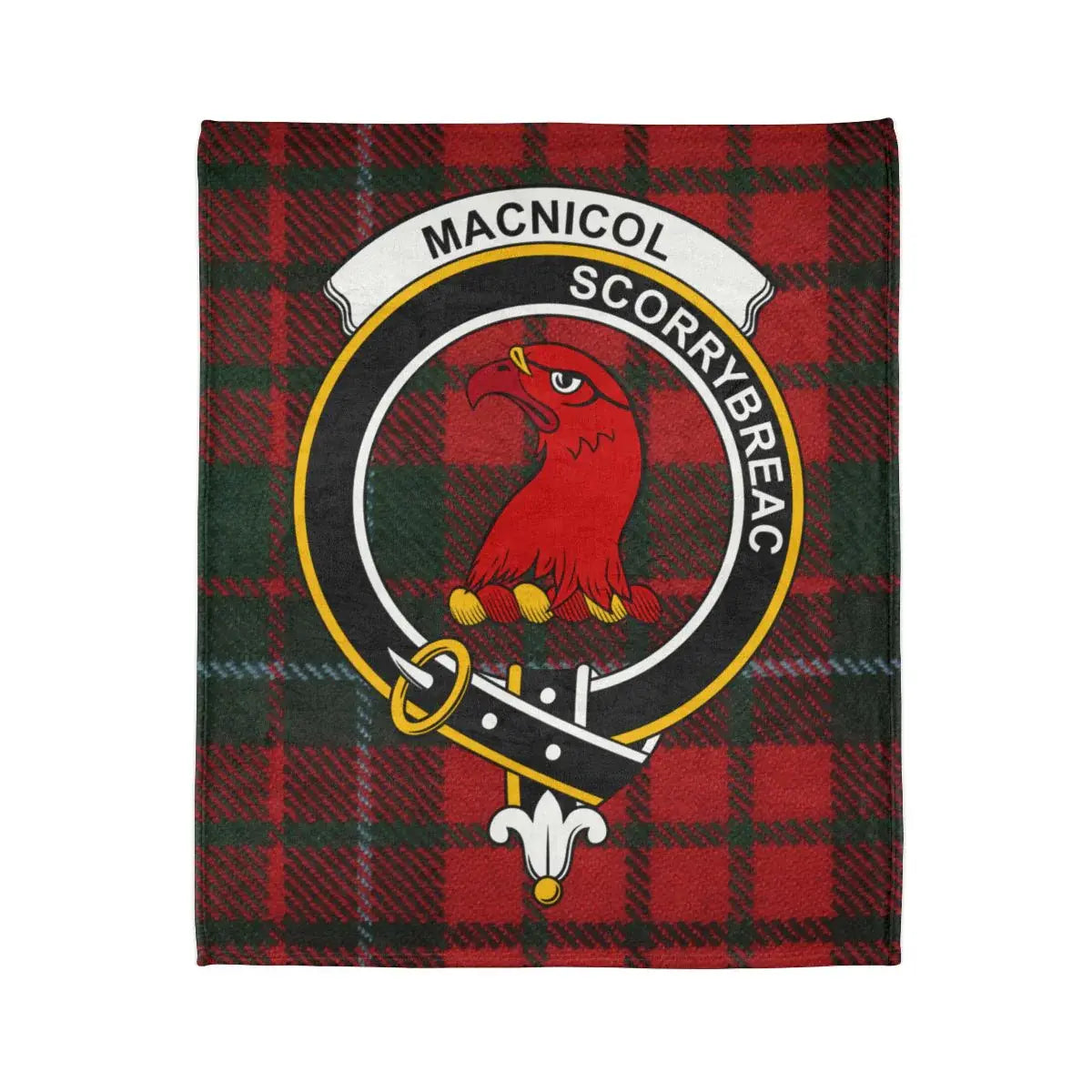 Clan MacNicol Scorrybreac crest tartan blanket — close-up showing full-colour print and hemmed edge