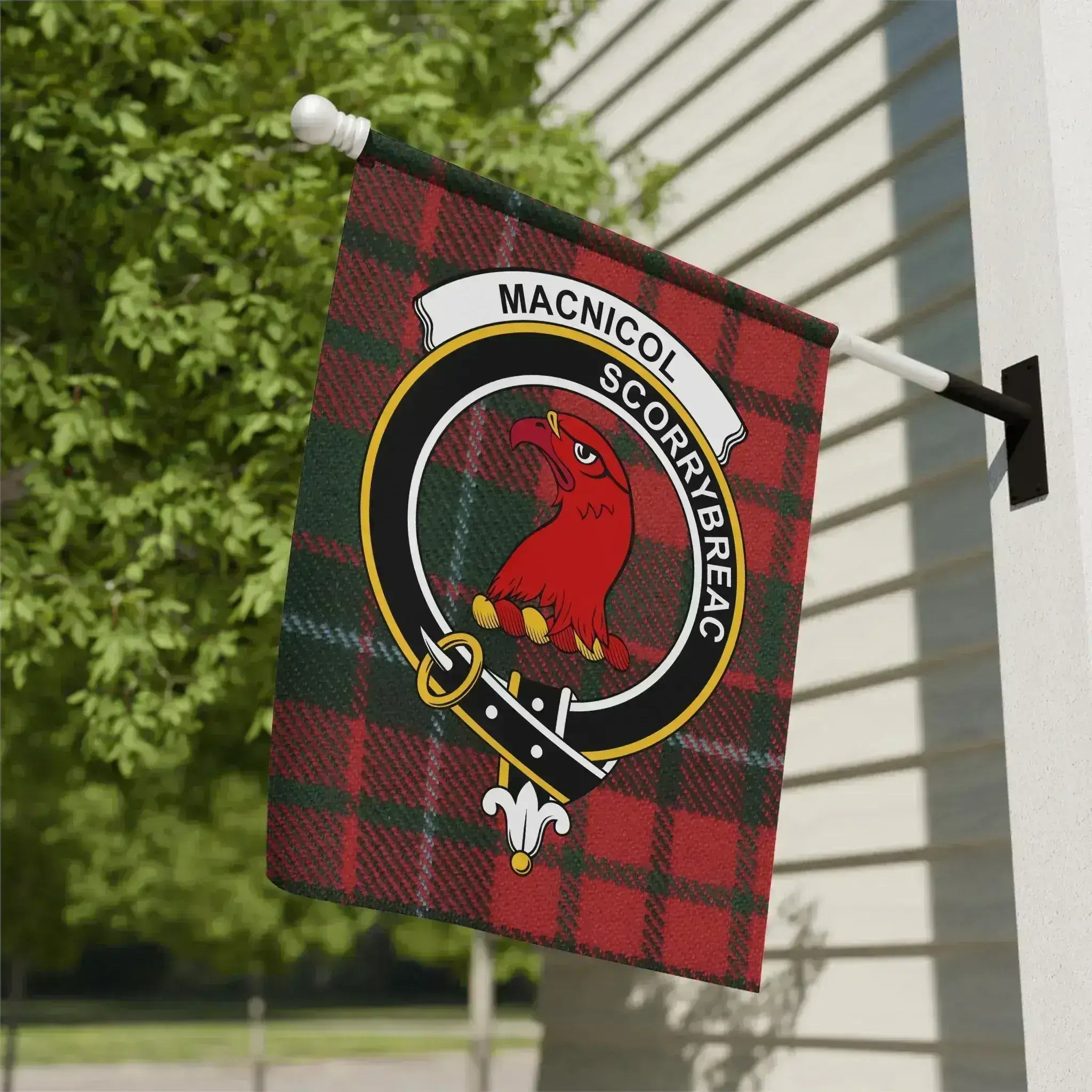 Clan MacNicol tartan garden flag — Scottish clan crest on poly poplin-canvas, outdoor display