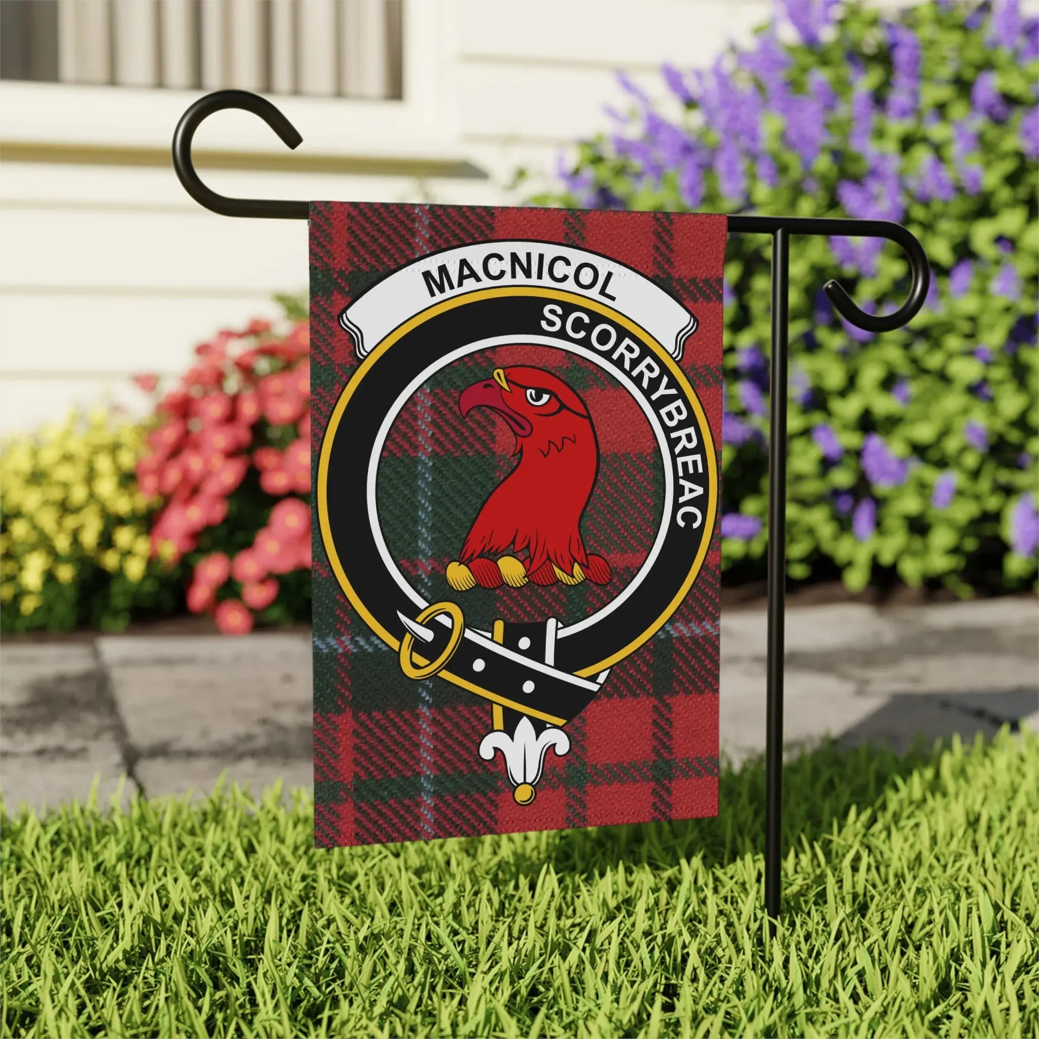 MacNicol Scorrybreac clan crest garden flag — full-colour tartan print, available in two sizes
