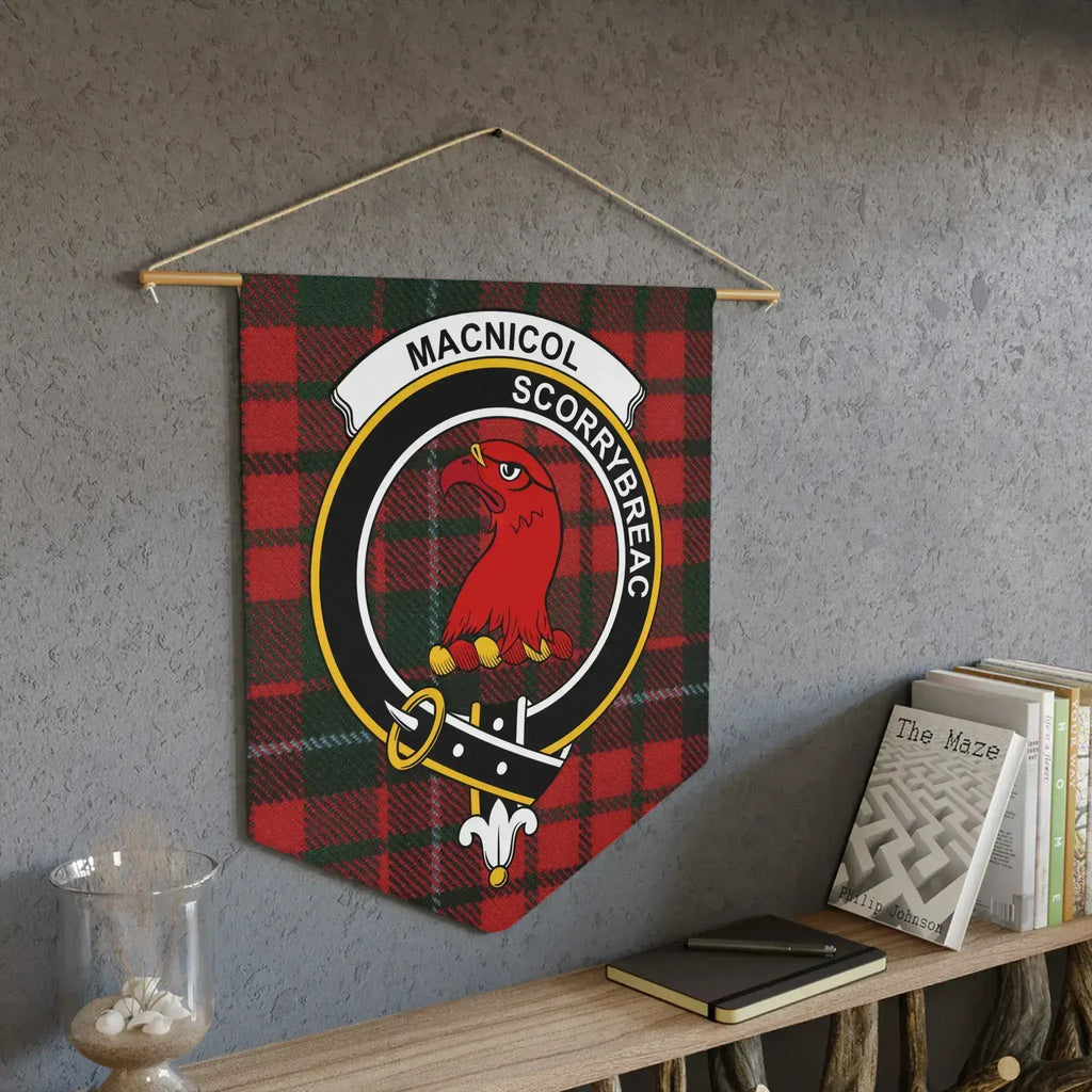 MacNicol clan crest pennant — red, black and green tartan banner with wooden dowel and twine