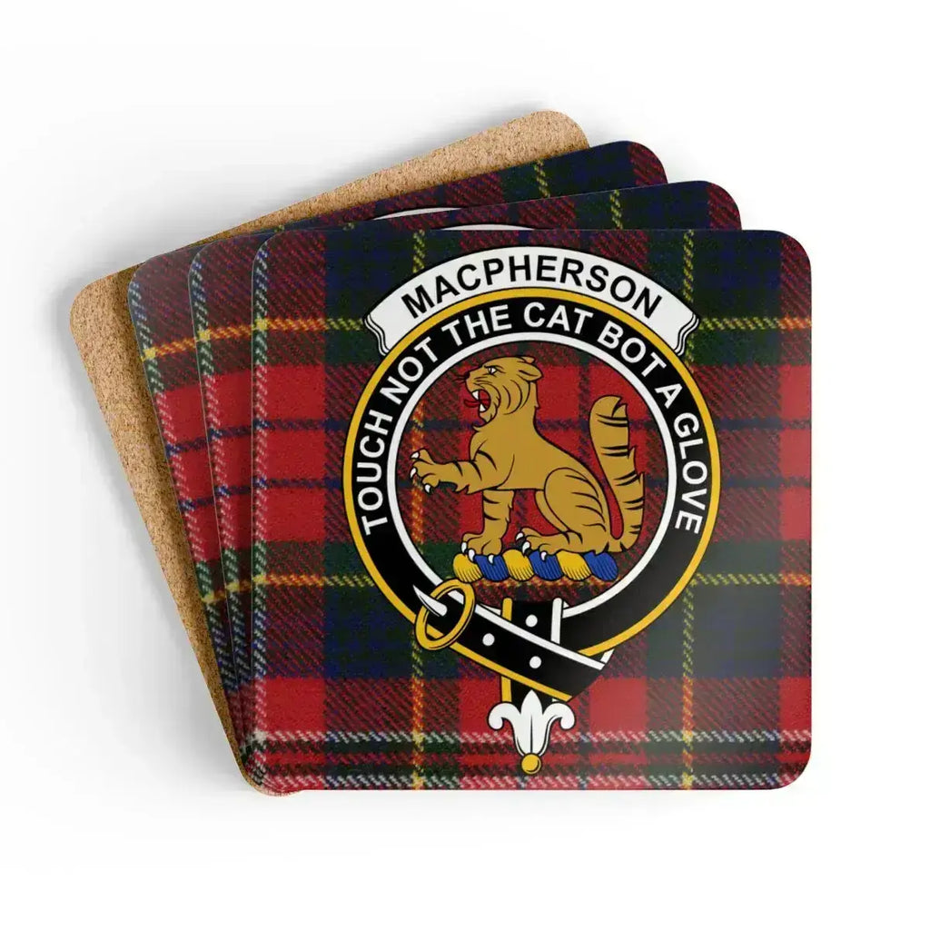 Clan MacPherson tartan cat crest cork coaster set — four 3.75-inch square glossy coasters