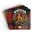Clan MacPherson tartan cat crest cork coaster set — four 3.75-inch square glossy coasters