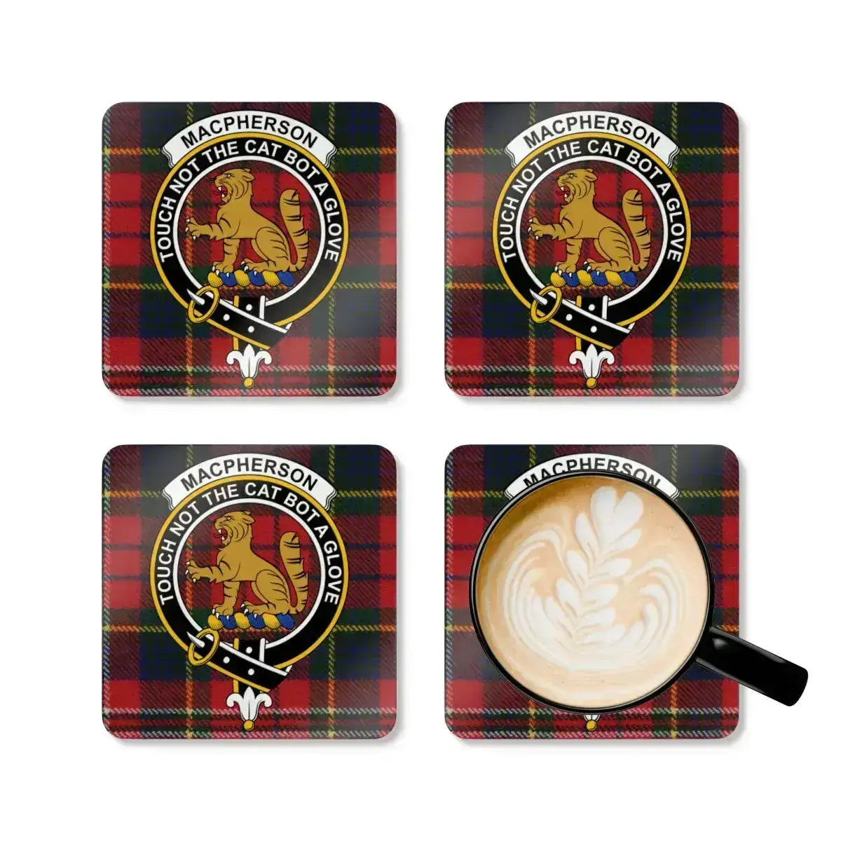 MacPherson clan crest coasters in use — Touch Not The Cat tartan print with natural cork base