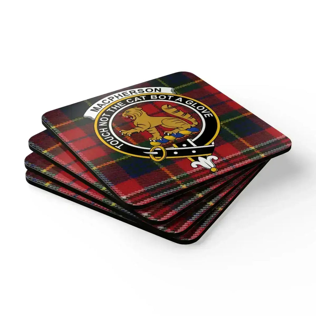 MacPherson clan crest coasters displayed flat — full set of four showing tartan pattern