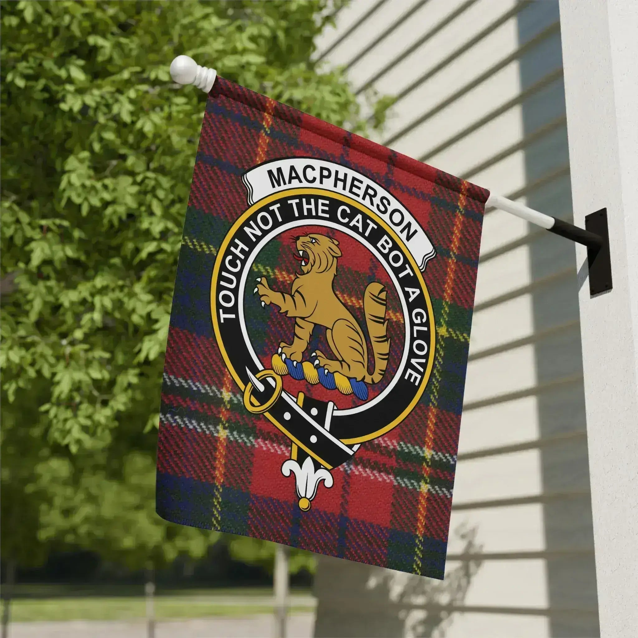 Clan MacPherson tartan garden flag displayed outdoors — 12x18 inch poly poplin-canvas with cat crest
