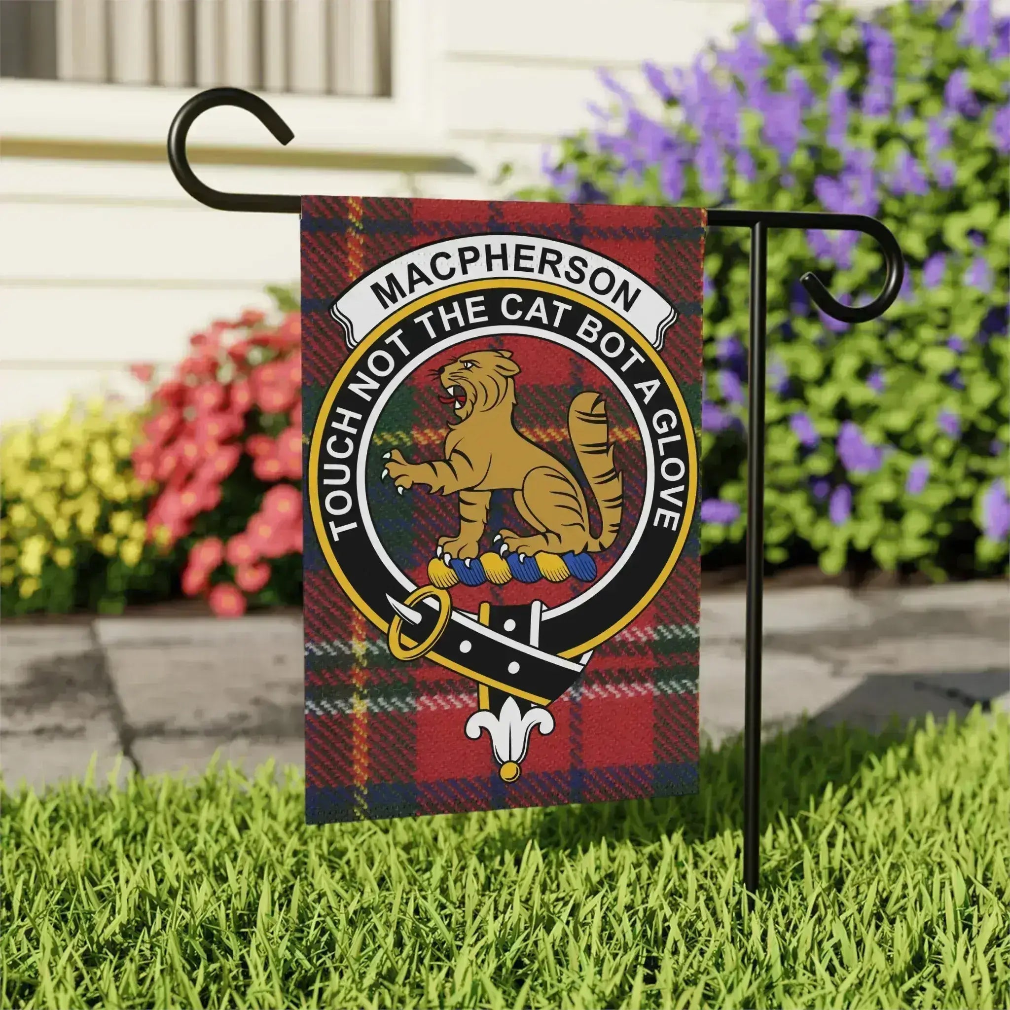 MacPherson clan crest garden flag on standard pole — 24.5x32 inch size with Touch Not The Cat tartan design