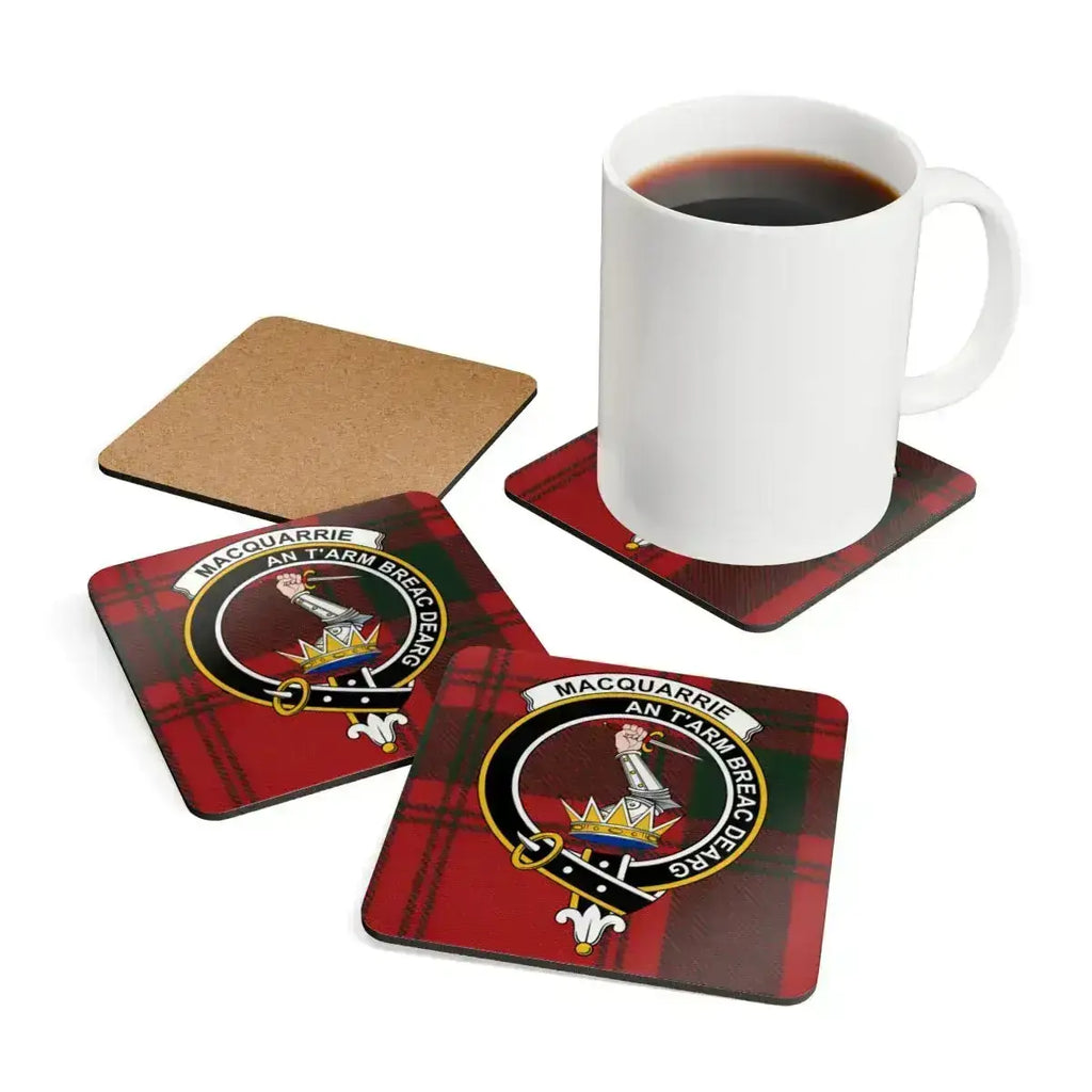 MacQuarrie clan coaster set — full set of four shown with Scottish tartan pattern on gloss finish