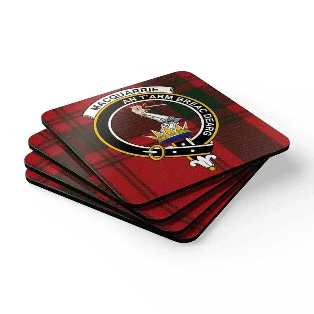 Clan MacQuarrie crest coasters set of four — square cork-backed, red tartan MacQuarrie design