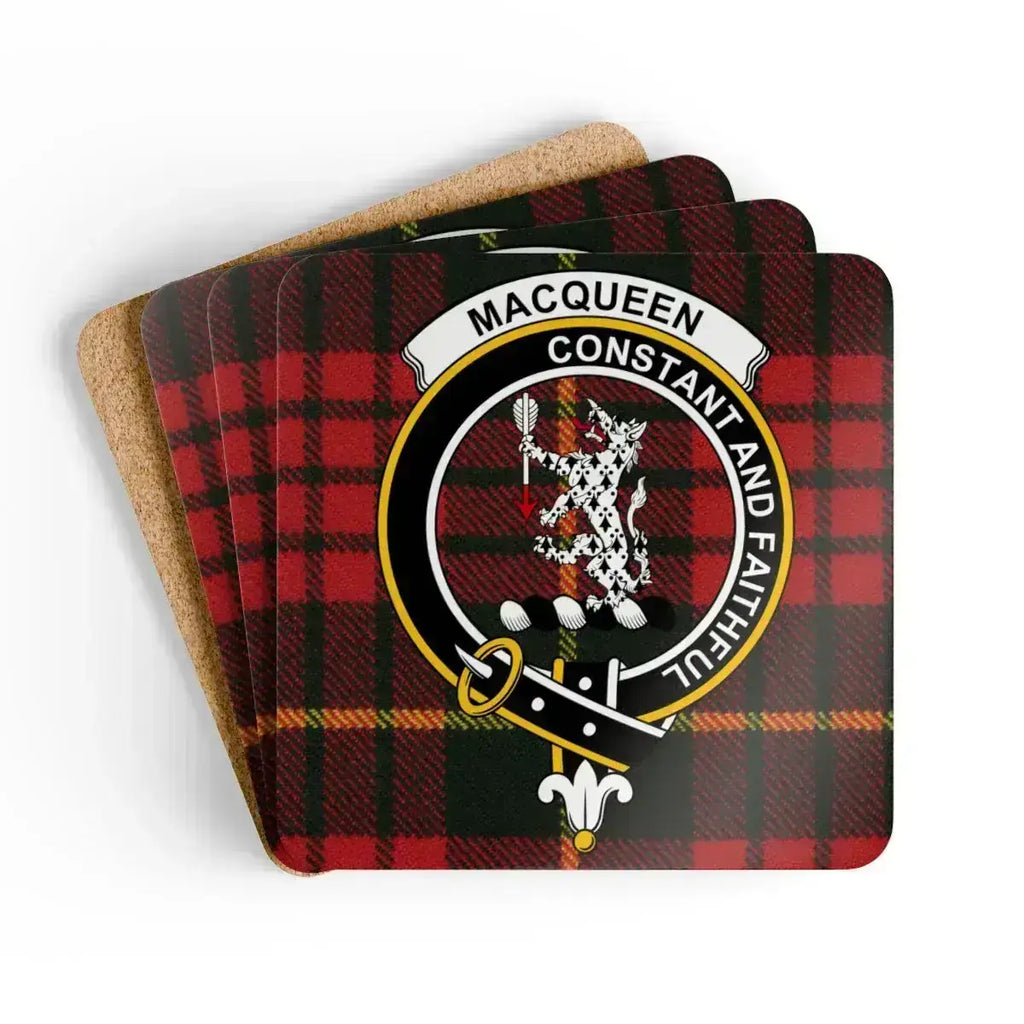 Clan MacQueen tartan coaster set — square cork-backed coaster with clan crest and Constant and Faithful motto
