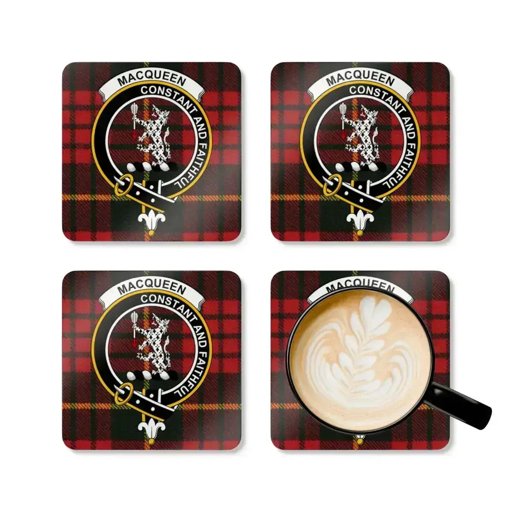 MacQueen clan crest coasters on coffee table — full set of four with Scottish tartan gloss print