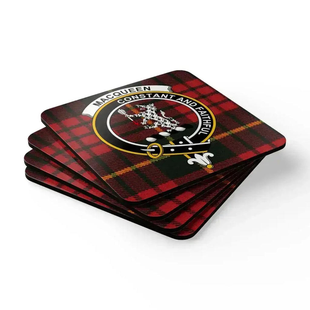 Clan MacQueen badge coaster set — square cork-backed coasters with crest design in MacQueen tartan colours