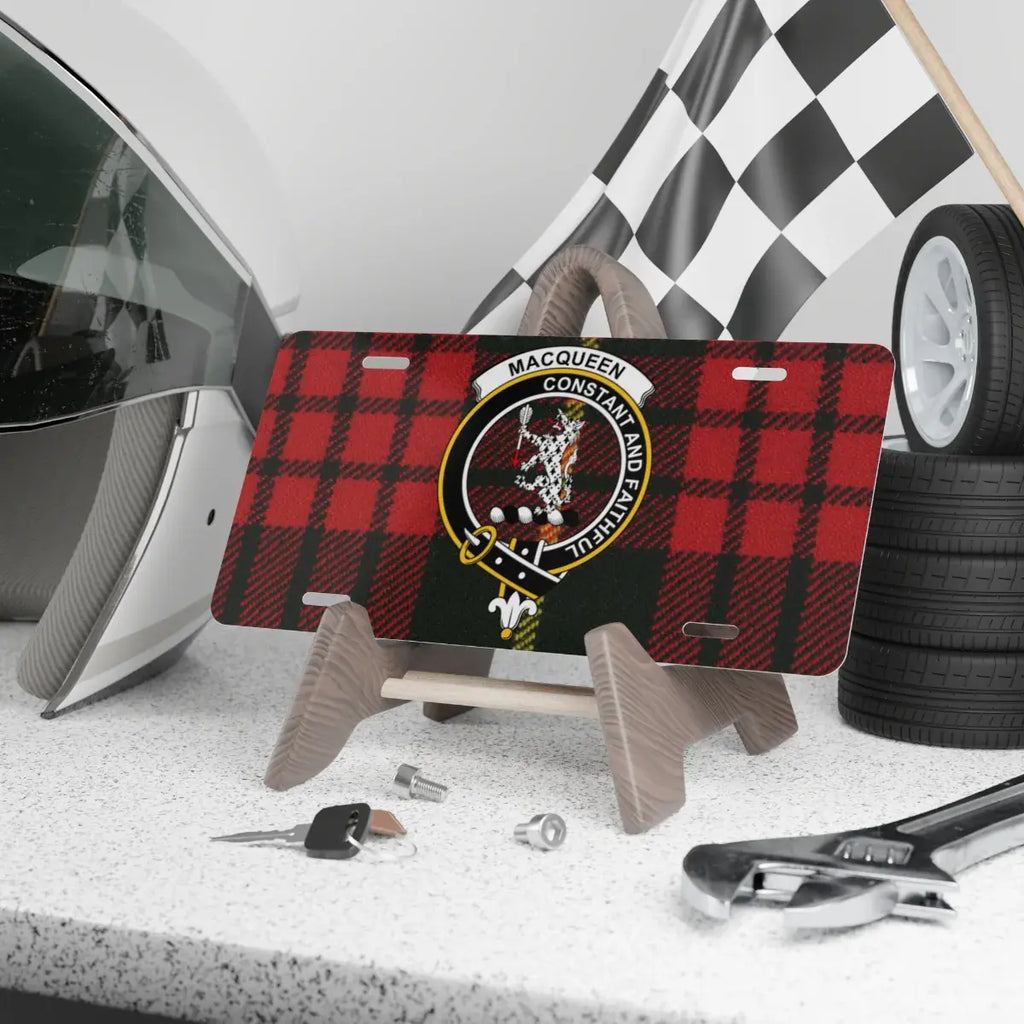 Clan MacQueen tartan novelty license plate — aluminium 12"×6" with Constant and Faithful clan crest