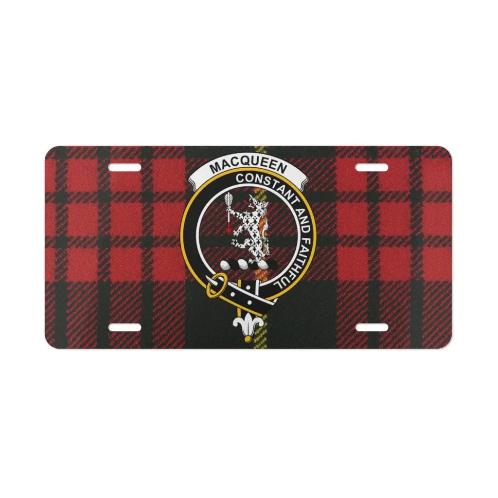 Clan MacQueen red and black tartan crest license plate — full-colour clan print on white aluminium