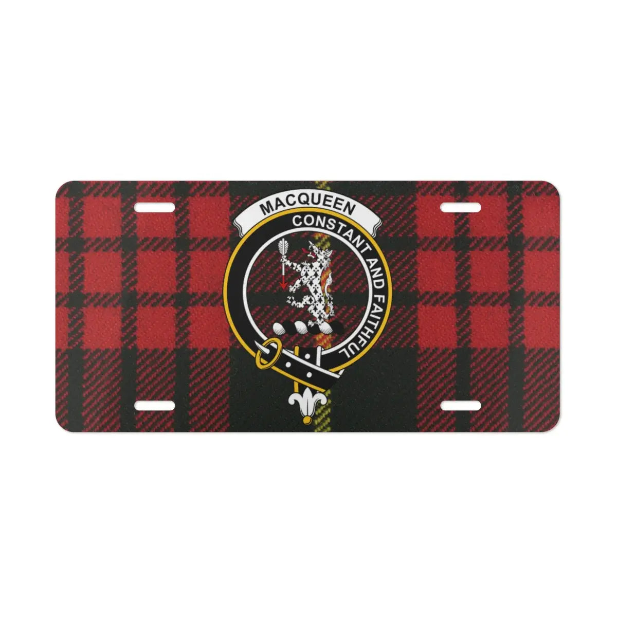 Clan MacQueen red and black tartan crest license plate — full-colour clan print on white aluminium