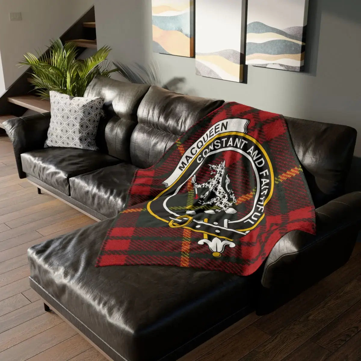 Clan MacQueen tartan throw blanket — 50"×60" printed polyester with clan crest and tartan design